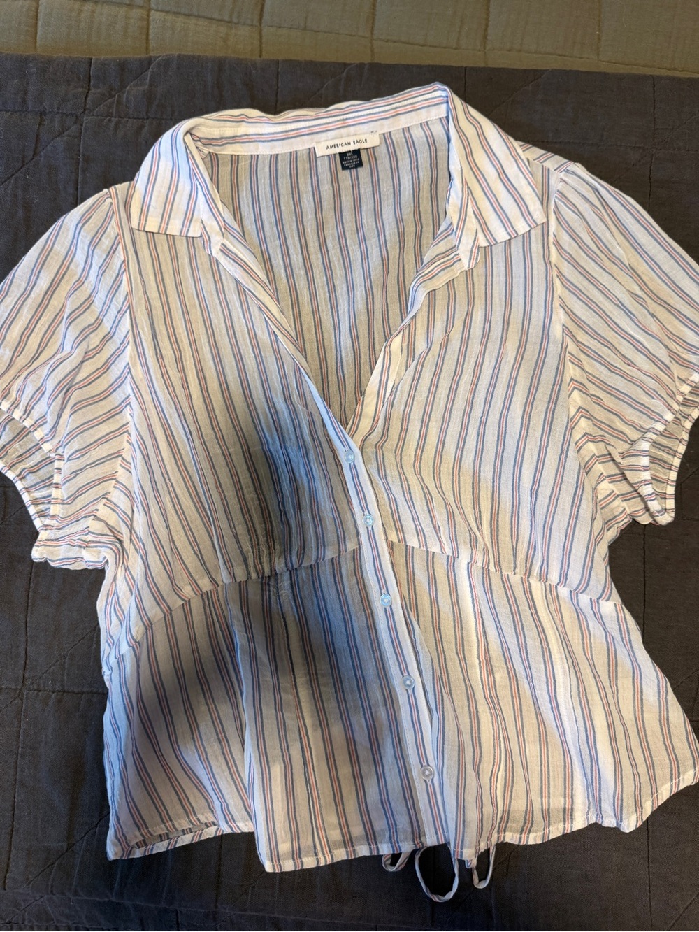 American Eagle Outfitters White Multicolor Striped Button-Front Short Sleeve Top